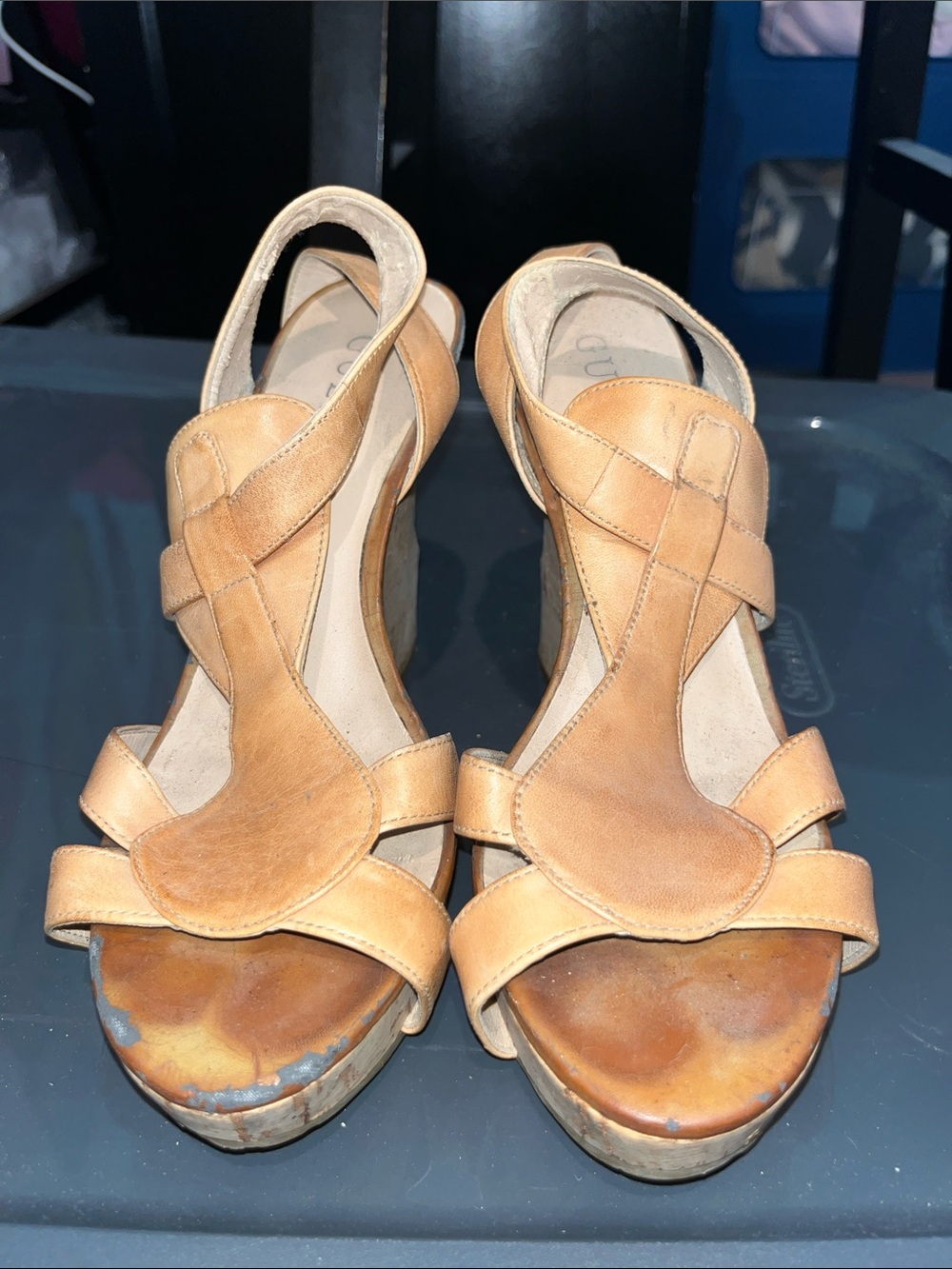 Guess Tan Leather Crossover Wedge Sandals
